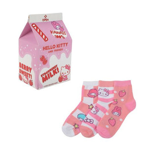 Hello Kitty & Friends - Juniors 3 Pack Quarter Sock with Milk Carton Packaging